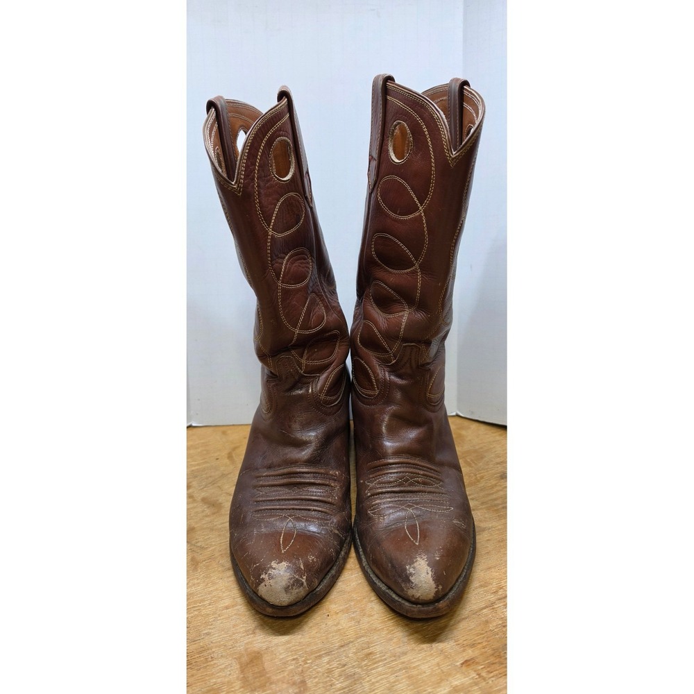 Vtg Yamzon Hand Made Brown Leather Western Cowboy Boots Pointed Toe Tall Mens